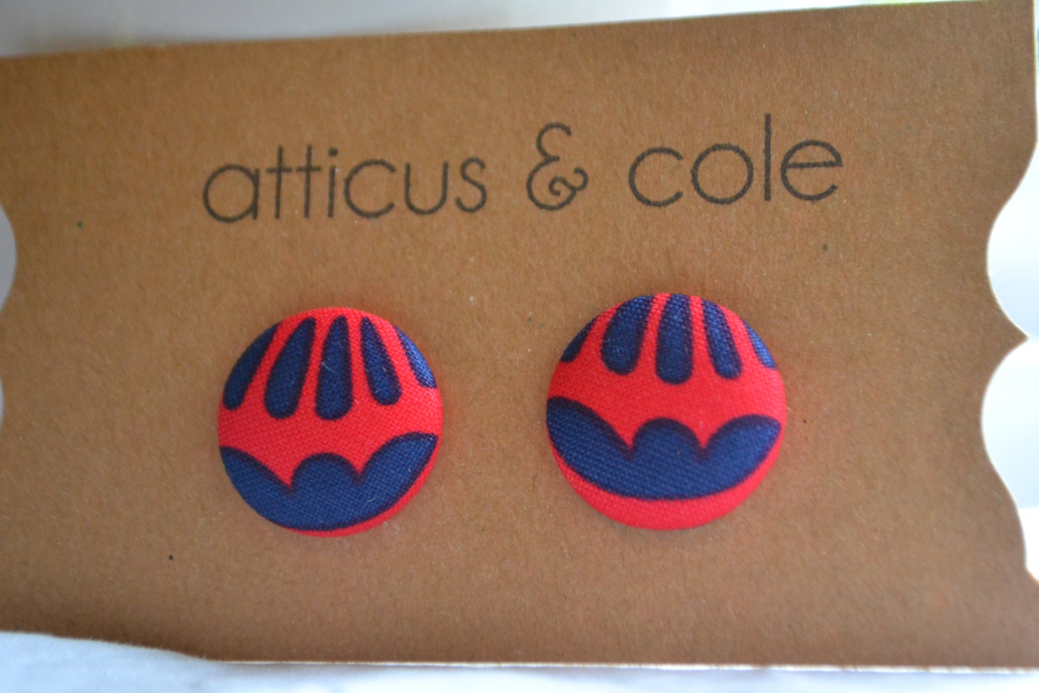 Large Fabric Cover Button Earrings Red & Navy Posts
