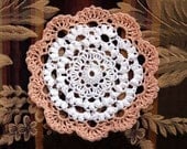 Summer Peach and White Accent Doily, Cottage Chic Crochet, Home Decor, Fiber Art, Handmade