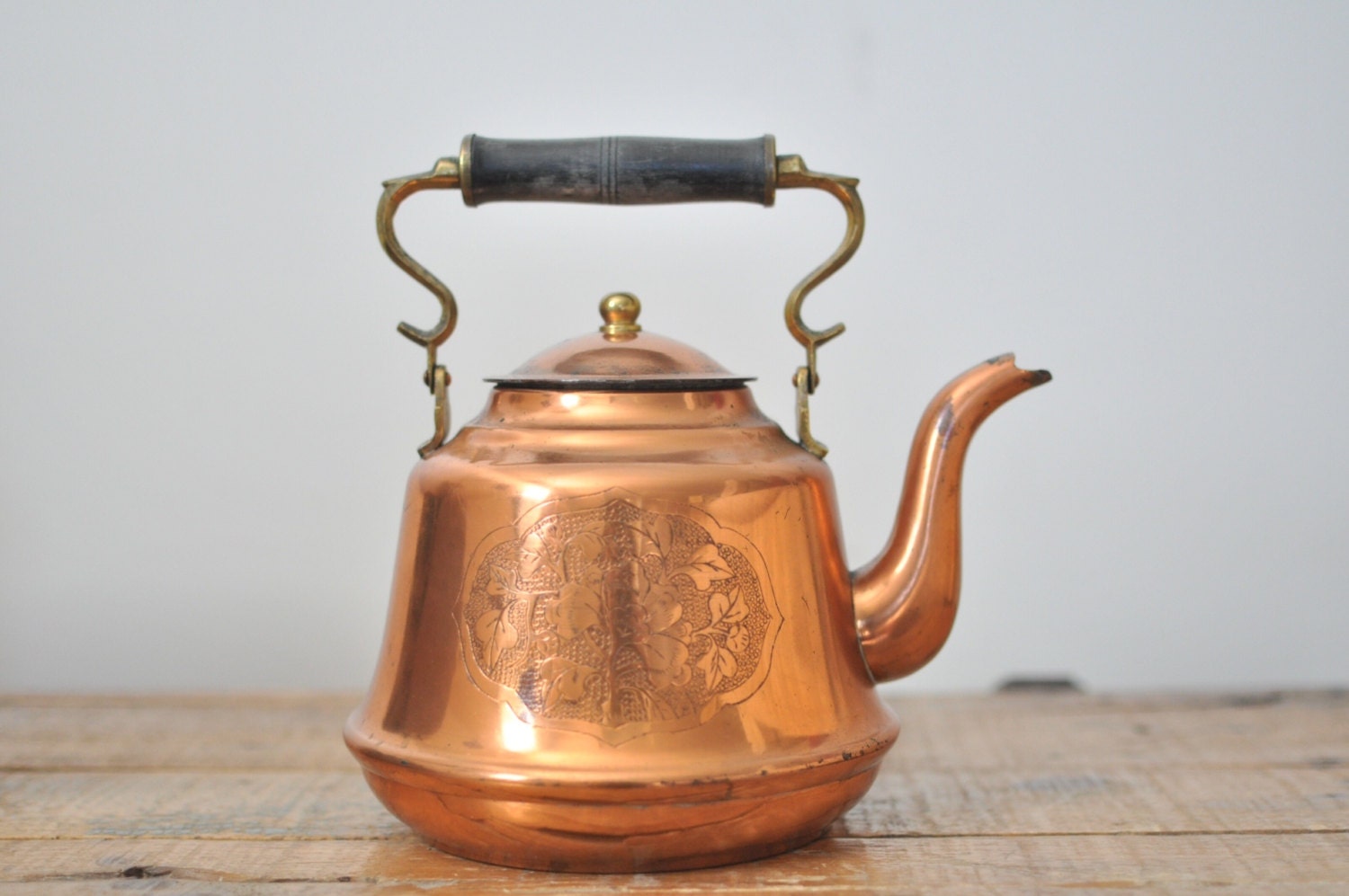 Vintage Copper Tea Kettle Floral Detail Wood and Brass Handle