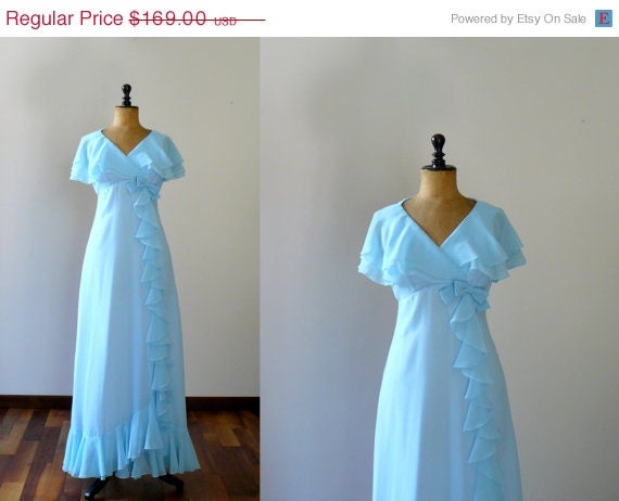 20% OFF SALE Vintage 1970s sky blue chiffon long dress. maxi gown. bridesmaid wedding dress