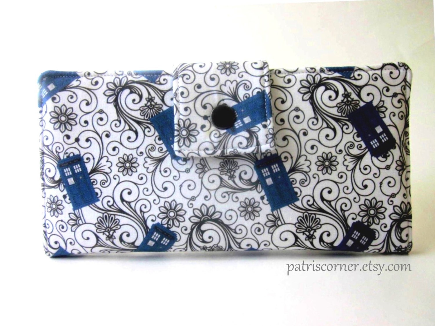 Handmade women bifold white wallet Doctor Who small blue Tardis with black floral swirl
