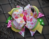 Lady Bug Layered Boutique Bow - Hot Pink Chevron, Apple Green Polka Dot, Yellow Saddle Stitch