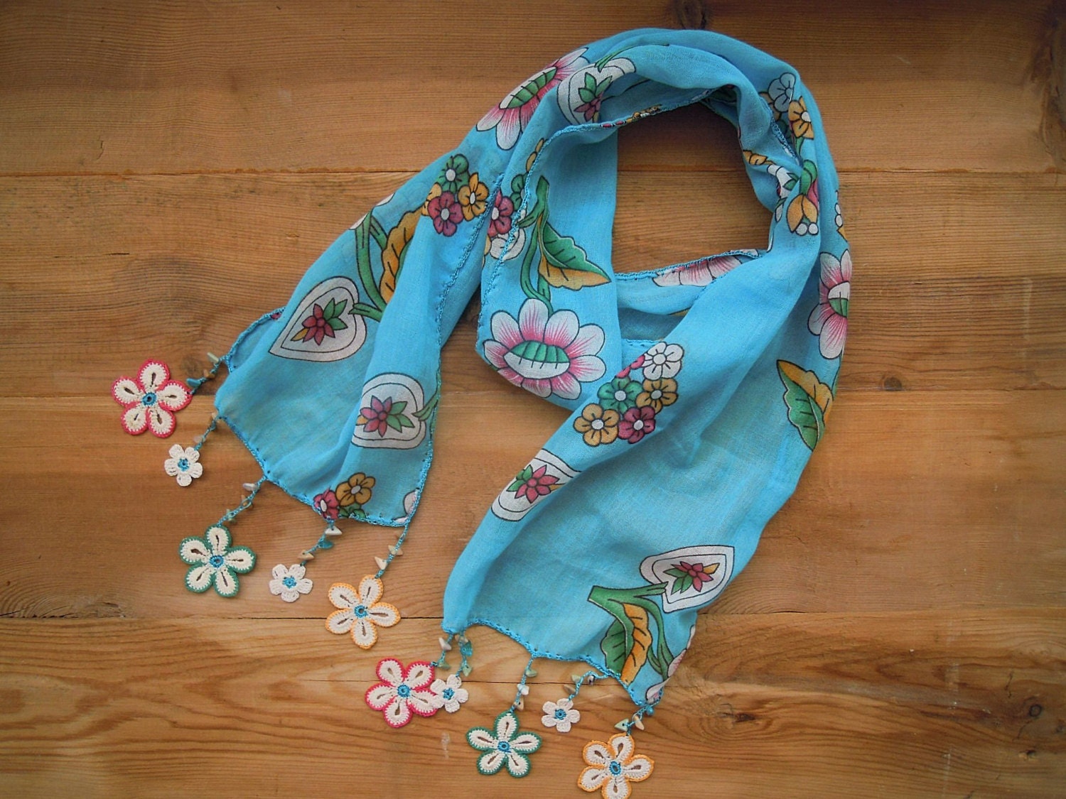 long scarf with crochet flowers, cotton, turquoise, blue