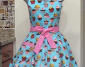 Sweetheart Hostess Apron-Cupcakes on Blue-Full of Twirl Flounce-With a hint of Sprinkles