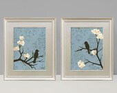 Shabby Love Bird Wall Decor Prints, Cottage Chic, Blue and cream, Large Prints, Set of Two, 9 x 12 inches