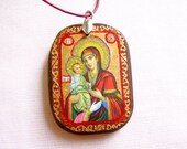 Mary with Christ Child Pendant Necklace, wood, leather cord