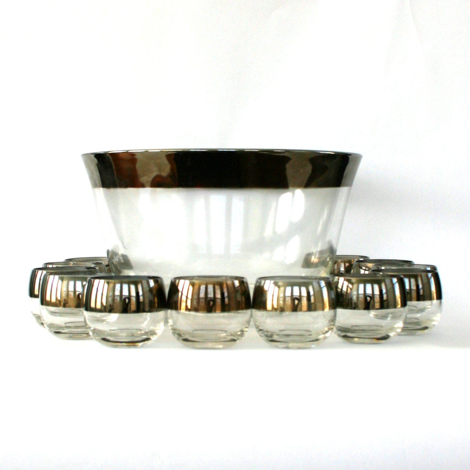 Silver Rimmed Tumblers and Punch Bowl Set. Roly Poly Glasses. Smoke Mirror 50s. Mad Men Cocktail Glasses. Retro. MidCentury Barware. Unisex.