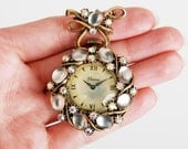 Vintage 50s 60s Gold Rhinestone Florenza Pendant Watch Pin