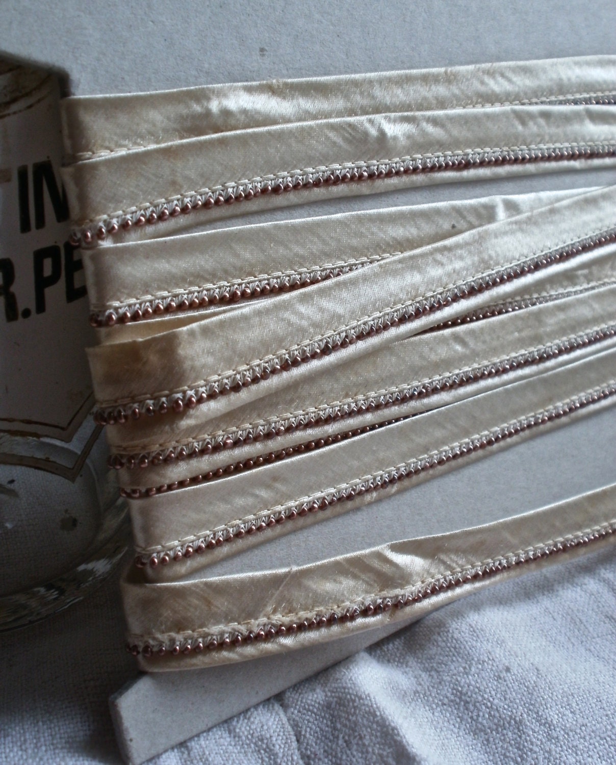 Exquisite Silk Trim Bias Tape French Art Deco Very Rare with Copper Beads Vintage Wedding Supplies over 10ft long