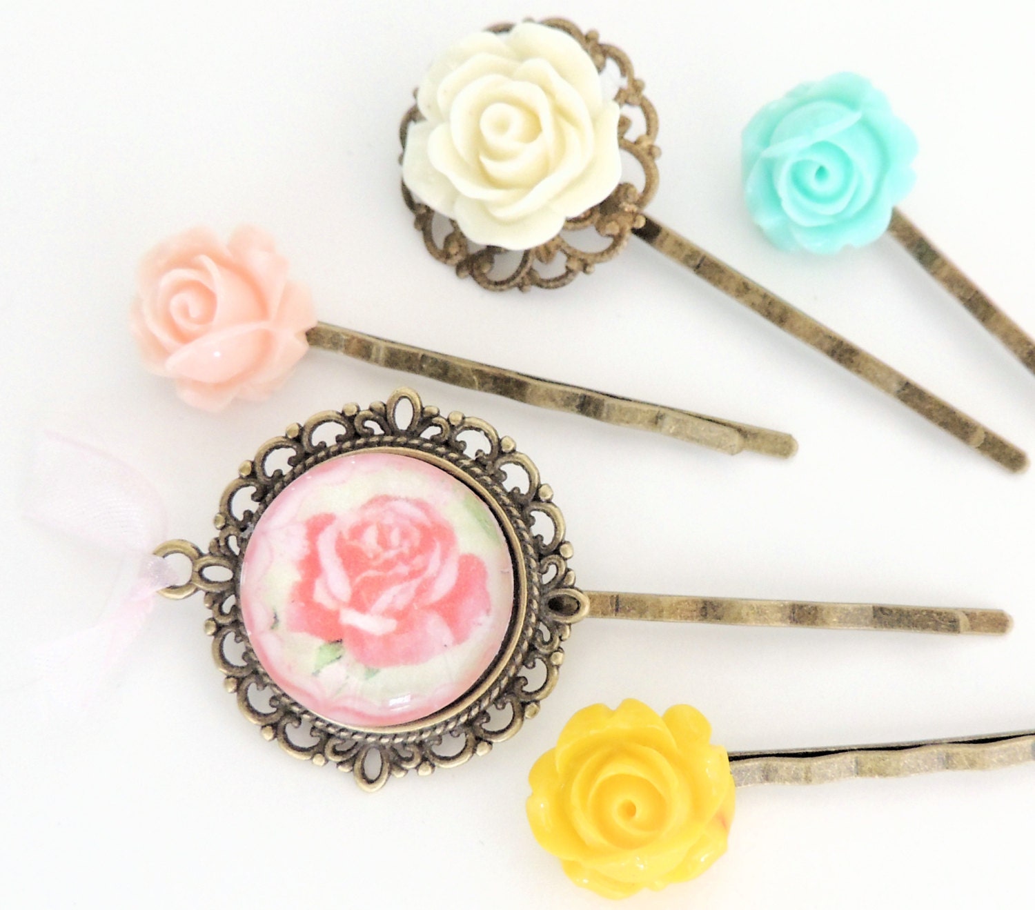 Pink Rose Garden Flower Hair Pin Set, 5 Bobby Pins in Mint, Pink, Cream, Yellow, Peach,Glass, Resin Cabochon