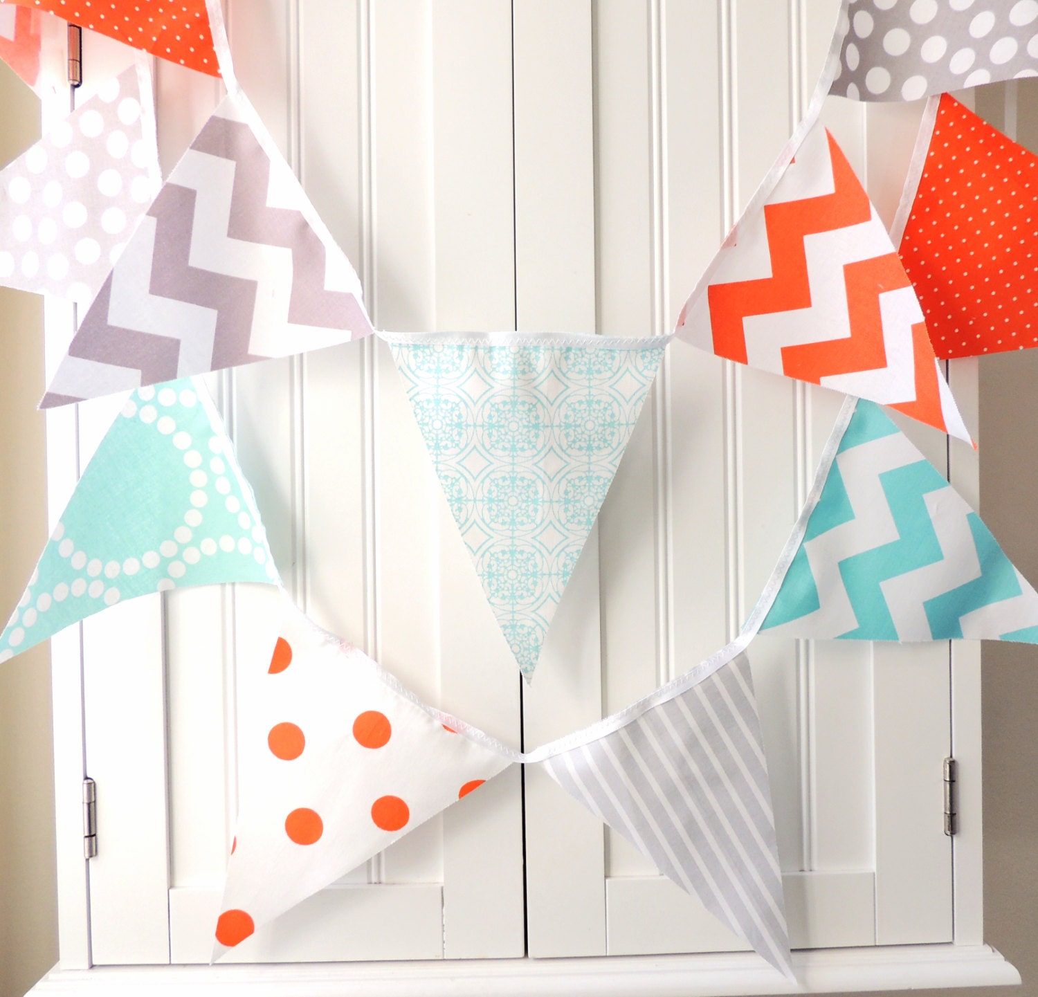 9 Feet Banner, 21 Fabric Flag Bunting, Orange, Aqua, Grey, Chevron, Polka Dots, Stripes, Room Decor, Party Garland
