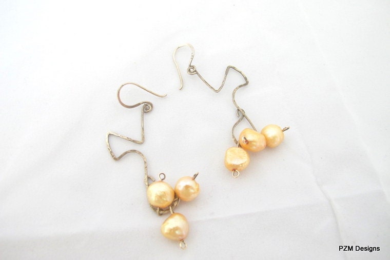 Golden pearl earrings, pearl tribal dangle earrings, wedding jewelry, gift under 50
