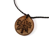 Rustic Cherry Wood Pendant Burned Maple Leaf Necklace Autumn Cut from a fallen tree