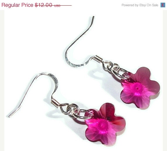 Sale 10% Off Fuchsia Swarovski Crystal and Sterling Silver Flower Dangle Earrings