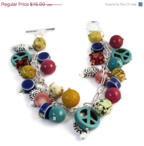 Sale 10% Off Boho Chic Peace Hipster Kitsch Dangle Bead Bracelet