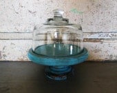 Pedestal Cloche Turquoise Distressed Wood Glass Dome