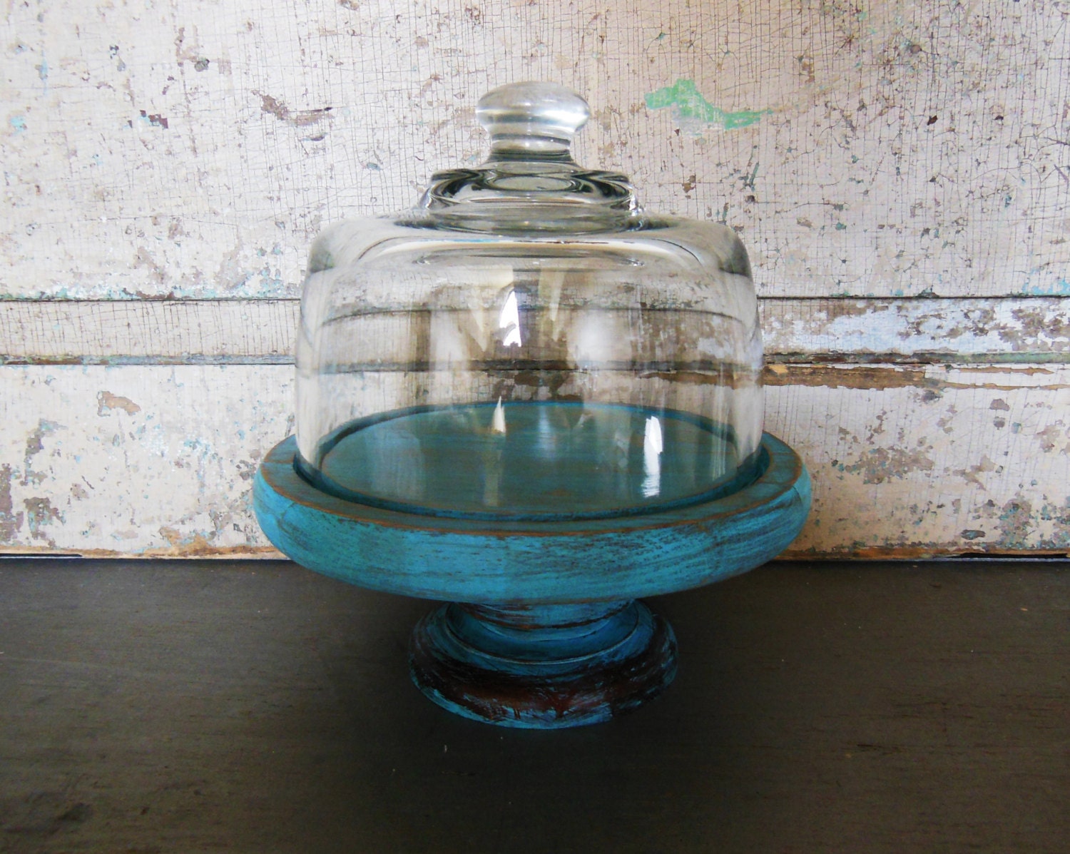 Pedestal Cloche Turquoise Distressed Wood Glass Dome