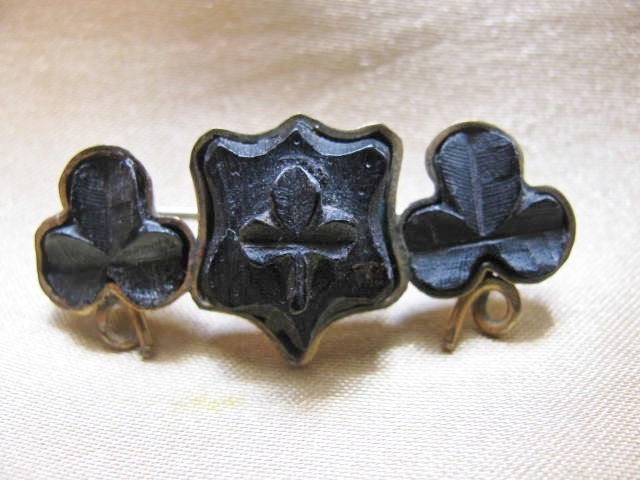 Victorian Brooch Bog Oak Hand Carved Irish Shamrocks