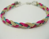 Pink & Teal Suede Woven Charm Bracelet - Angel Wings - Chain Braided Bracelet
