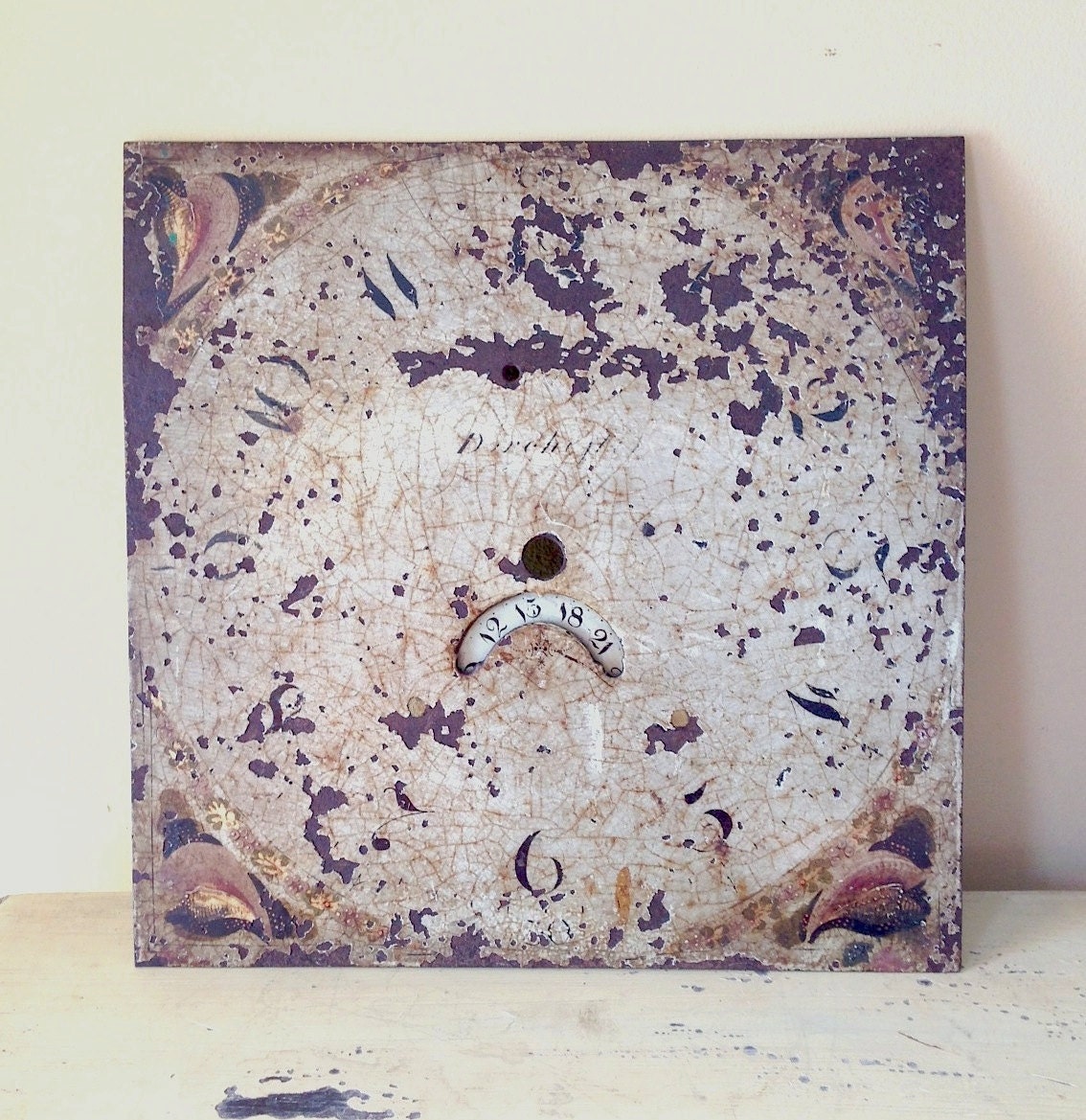 Antique Clock Face Grandfather Metal Square 19th c Vintage Painted Seashells Month Dial Iron Rusty