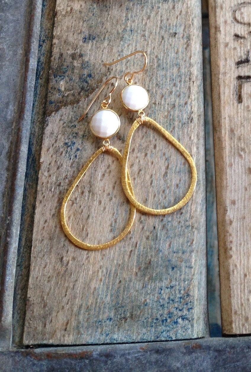 White Jade Bezel Stones with Gold Teardrop Hoop - Everyday Fit