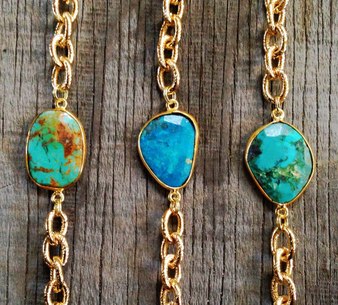 Bezel Set Turquoise Stone Bracelet with Gold Chain