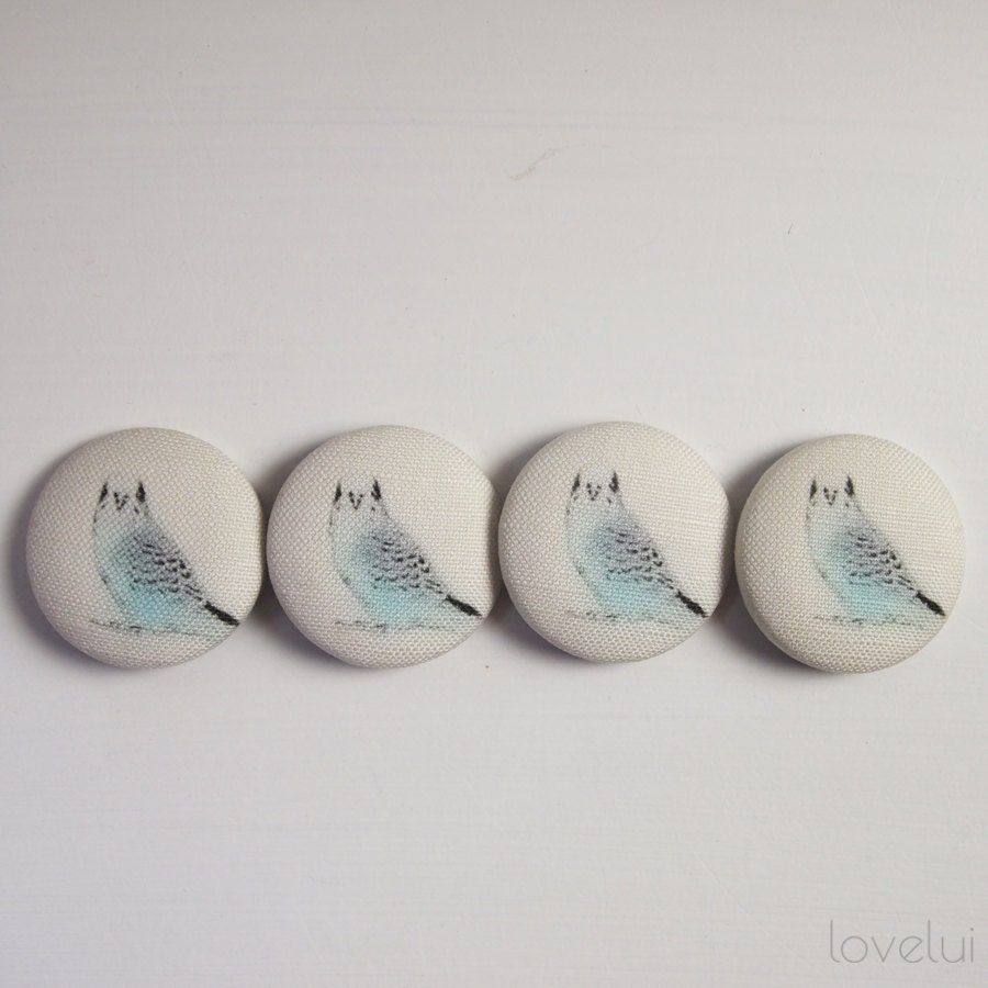 Linen Buttons Covered In Unique Budgie Print 1.49inch (38mm) Set of 4 Budgies