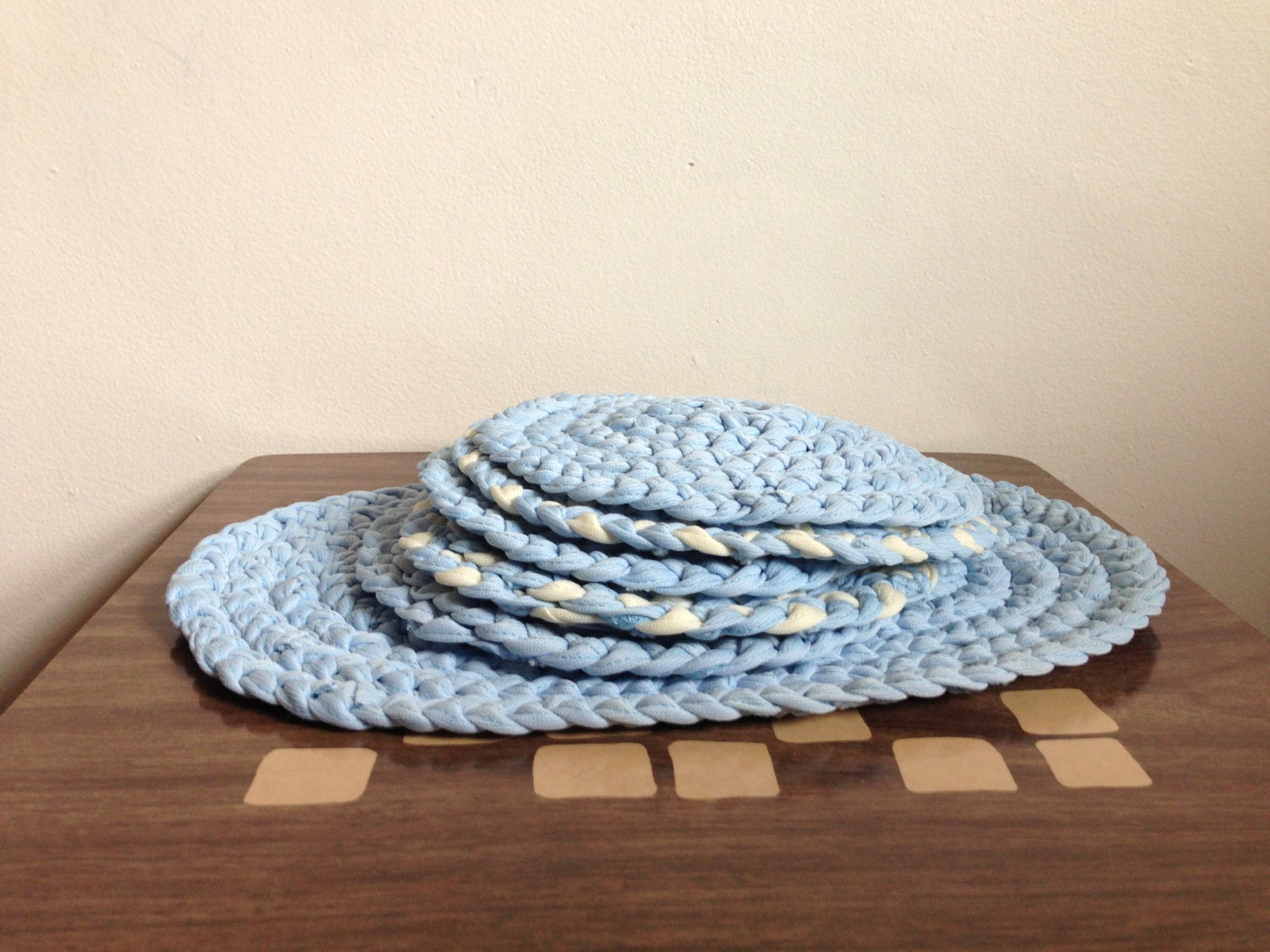 Vintage Potholders - Set of Six Blue and White Woven Potholders