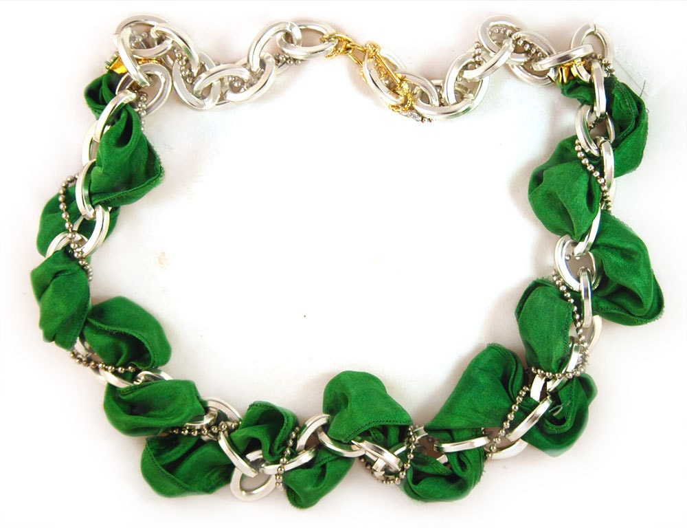Hand Dyed Emerald Ribbon and Silver Chain