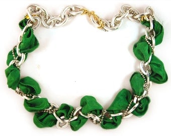 Hand Dyed Emerald Ribbon and Silver Chain