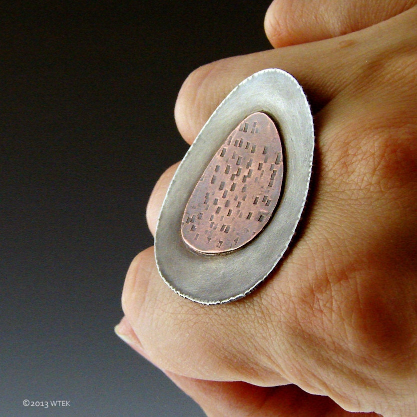 Textured Copper and Silver Statement Ring