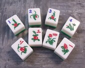 VINTAGE Mah Jongg Tiles FLOWERS Mah Jong Flowers Chunky Tiles Nine (9) Vintage Green White Art Supplies Vintage Game Piece Destash (A26)