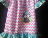 Peasant Dress Girls Pink and White Chevron Appliqed Owl with Birthday Party Hat Custom size 6 months to size 8