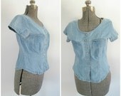 Vintage Bonjour Denim Blouse Shirt 1980s Cotton Button Front Top