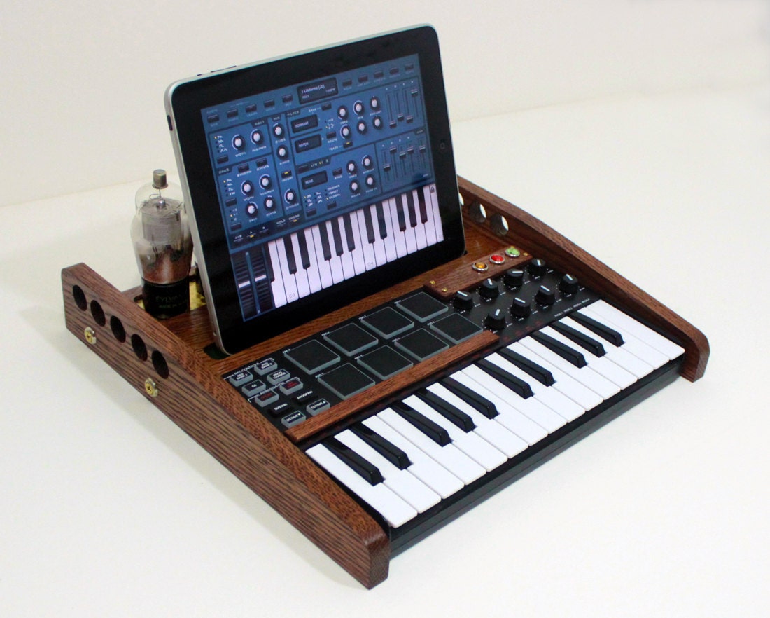 iPad Tablet MUSIC Workstation - MIDI Keyboard Pads And Knobs  - Tube Model Steampunk - Oak -  Music Making Machine