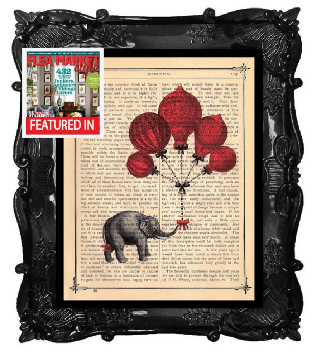 ELEPHANT with red balloons - ELEPHANT on antique book page ELEPHANT dictionary art print