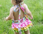 Hot pink, yellow, and lime polka dot ruffle bloomers diaper cover romper sunsuit for baby newborn infant toddler girl