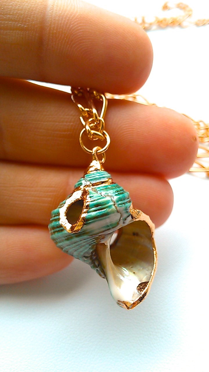 Teal Snail Shell Necklace- Laced with Liquid Rose Gold- MALIBU Collection- Summer 2013