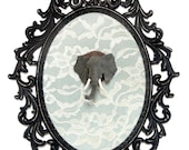 Miniature Elephant Head Mount - Faux Taxidermy - Victorian Framed Object - Wall Art Decor 10.5x13.5in