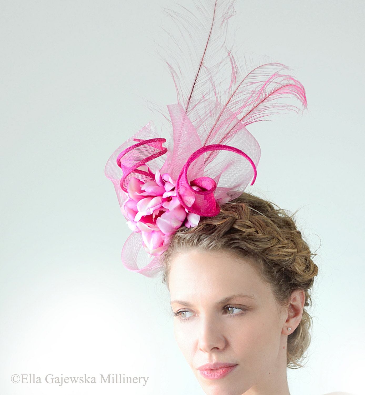 Floral Fuchsia Pink Peony Statement Straw Facinator Feathers Headdress Hat Races Crinoline Summer Vintage Wedding Headband Birdcage Veil