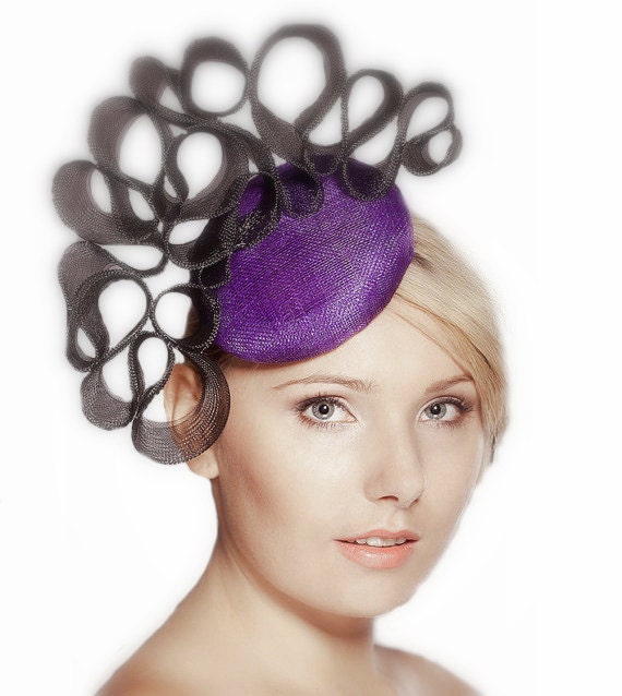 Purple Straw Mini Cocktail Hat Fascinator with Black Crinoline Sculpture Trim Wedding Bridal Shower Ascot Derby Races