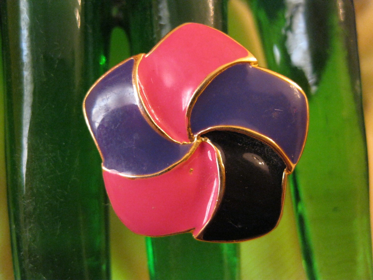 Pink Purple Black and Gold Flower Upcycled Adjustable Ring free shipping