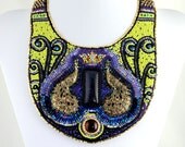 Guardians of My Dreams - Beautiful Statement Necklace, Bead Embroidered, Beaded Bib Necklace, Peacock Necklace, Purple Yellow and Blue