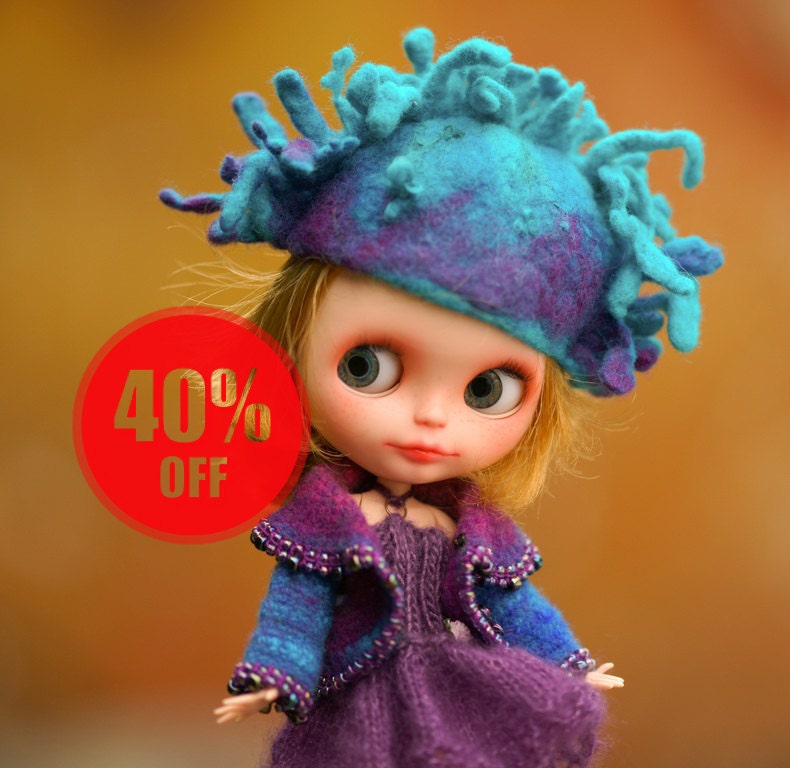 40% OFF Sale Felted Hat Blythe Steampunk Mohawk Hat OOAK Blythe Hat Violet Purple Turquisse hat Fantasy Hat Blythe Blythe Outfit Hat