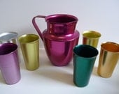 Vintage Anodized Aluminum Pitcher and 6 cups  Norben Ware Hot Pink, Magenta, colored drinking glasses
