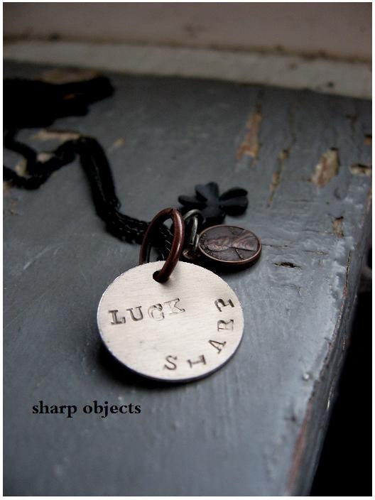 LUCKY CHARMS - mens unisex personalized layered stamped brass tag, lucky penny & 4 leaf clover charm and black chain NECKLACE