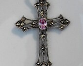 ON SALE Vintage Victorian Style Sterling Silver Marcasite Cross Pendant