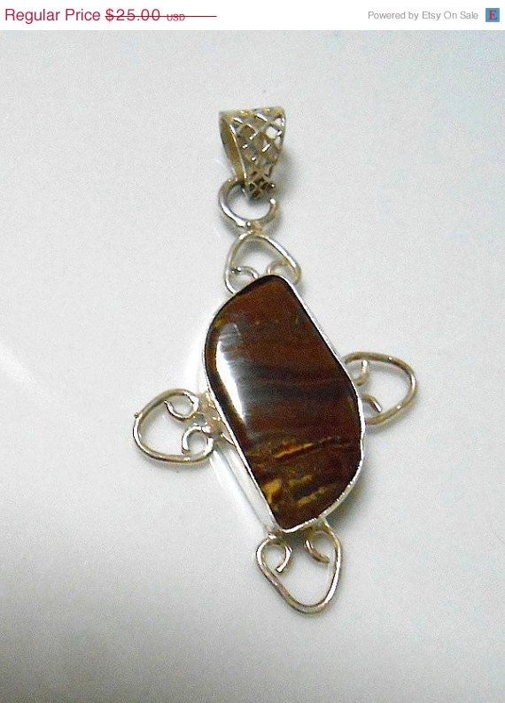 ON SALE Vintage Wavy Shaped Brown Moonstone Gem Stone Jewelry in Ornate Sterling Silver Pendant Setting