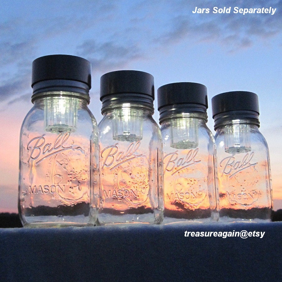 BRIGHT Jar Lights 4 Mason Jar Lids Handcrafted Outdoor Upcycled Lighting, Garden Lanterns, Twist-On Solar Lights, No Jars