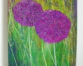 Alliums - reddish purple coloured flowers embroidered wall hanging unique textile art